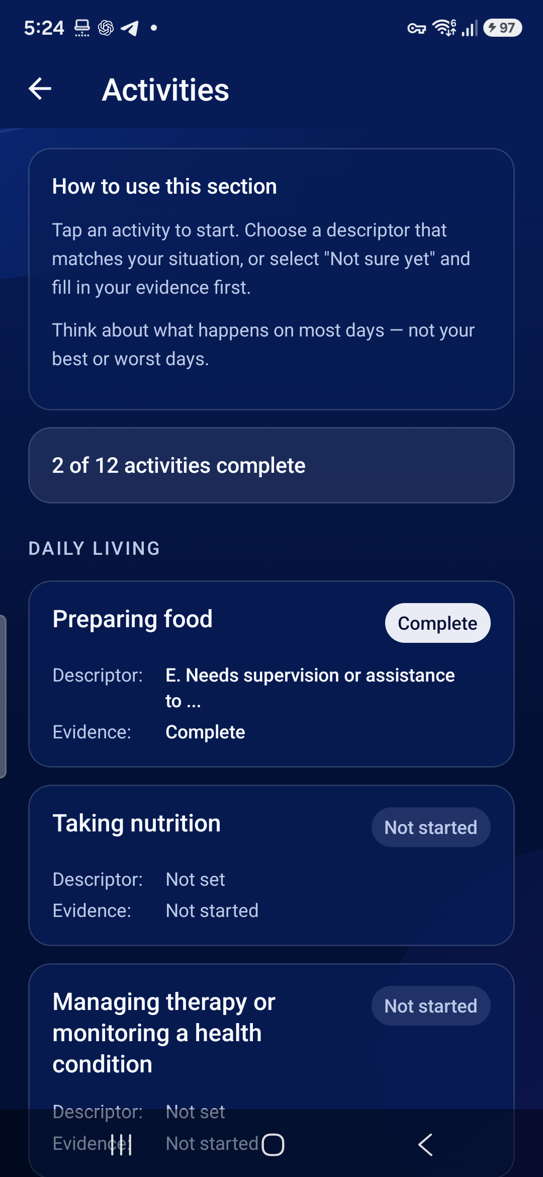 PIP NAV Activities screen with progress and activity cards