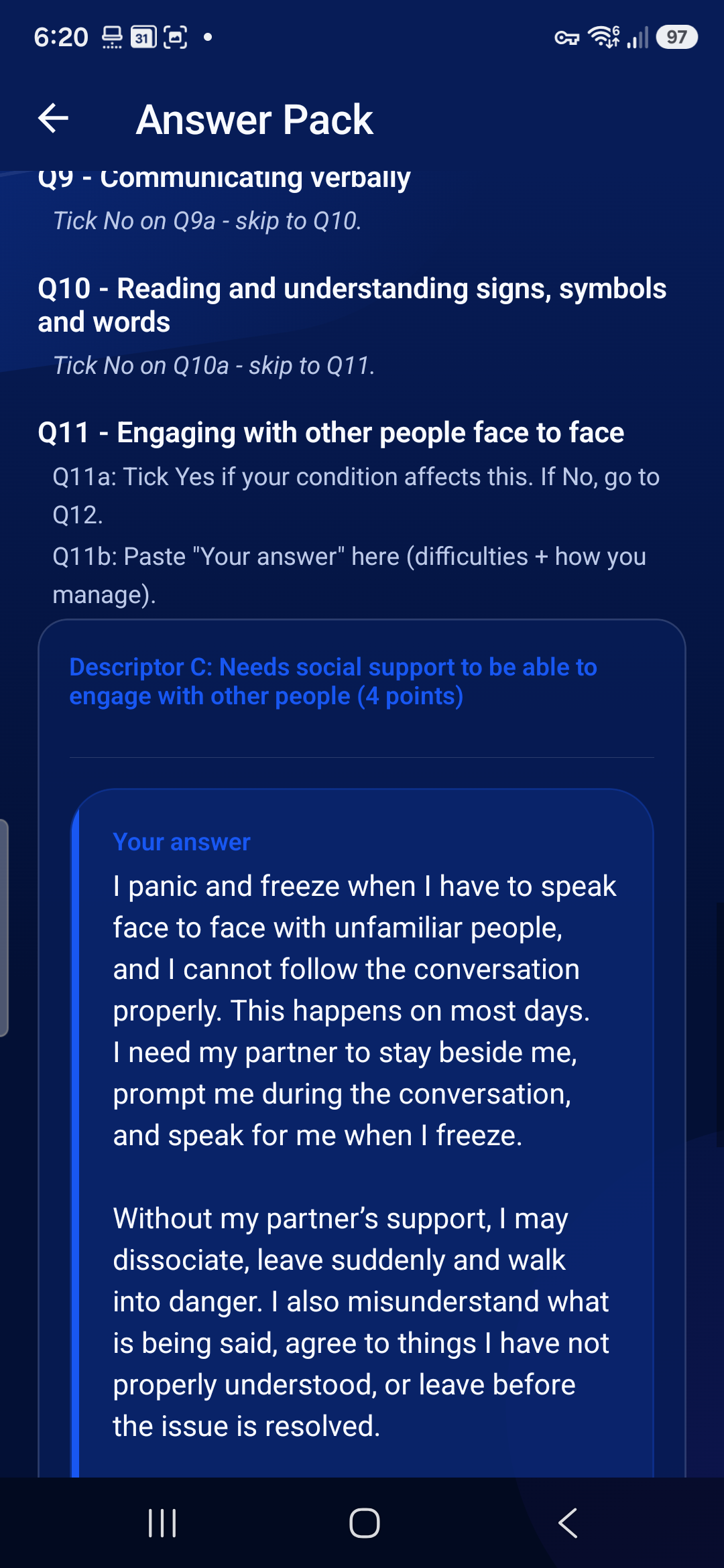PIP NAV Answer Pack showing a structured Engaging with other people answer